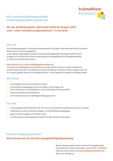 Krümelkiste Konstanz Berufspraktikant*in ab September 2026