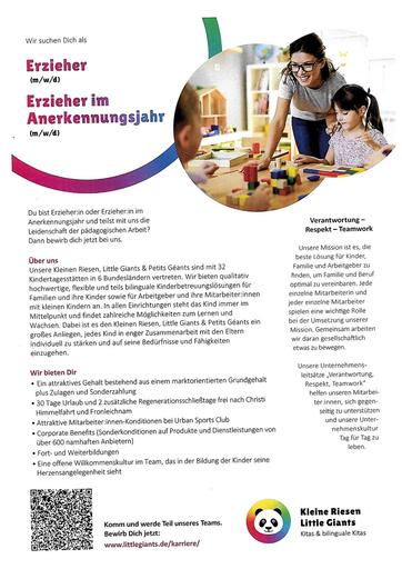 Erzieher / Erzieher im Anerkennungsjahr Kleine Riesen - Little Giants