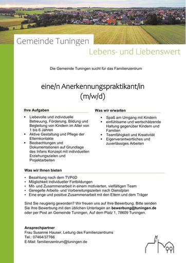 Gemeinde Tuningen Familienzentrum Stelle Anerkennungspraktikant*in