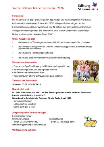 Betreuer gesucht bei Stiftung St. Franziskus Ferienprogramm 2026 Mission "Neue Welt"