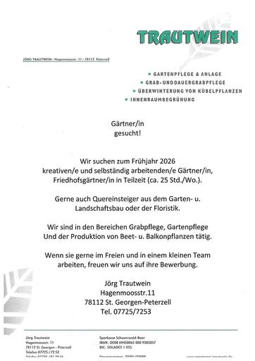 Stelle als Gärtner/in bei Firma Trautwein in Peterzell (auch Quereinstieg Florist/in möglich)
